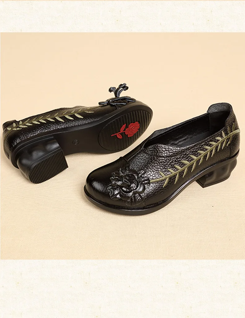 Xiuteng/Новинка; женские туфли-лодочки из натуральной кожи с цветочным узором; женская обувь на низком каблуке с вышивкой; женская мягкая Осенняя офисная обувь ручной работы
