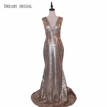 

Dreamy Bridal Gold Bridesmaid Dress Sexy V Neck Mermaid Sleeveless Sequined Lace Maid of Honor Gowns