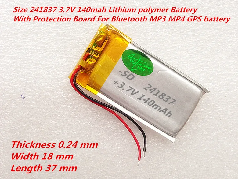 

Liter energy battery Size 241837 3.7V 140mah Lithium polymer Battery With Protection Board For Bluetooth MP3 MP4 GPS battery