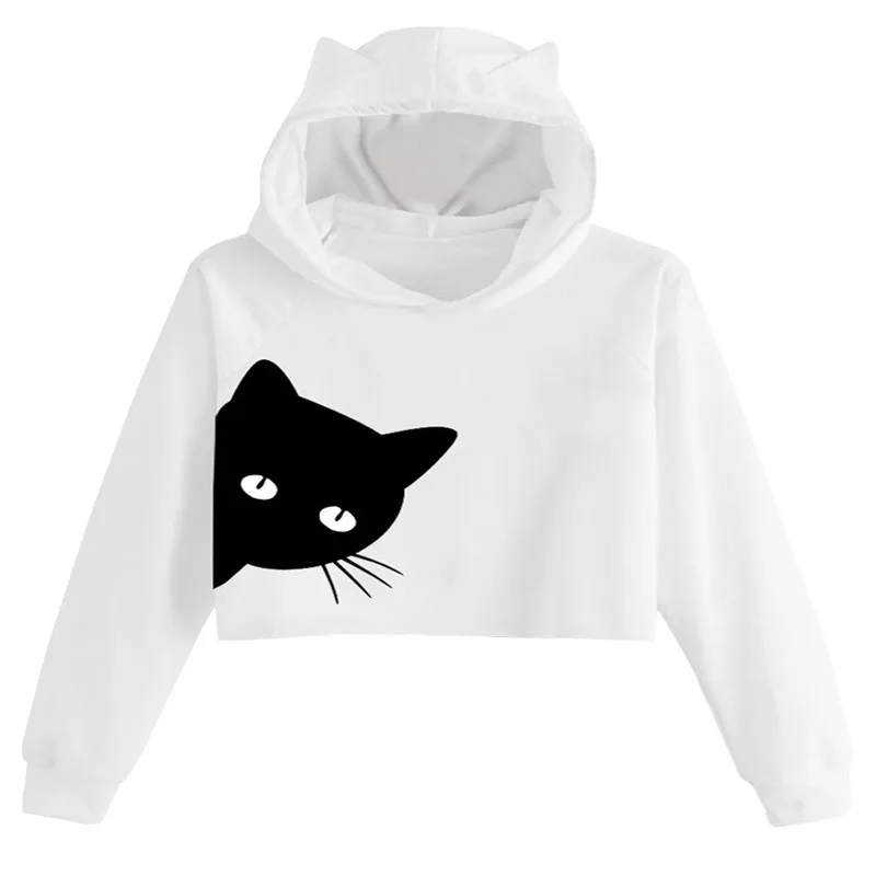 

2019 Spring New Trend Female Student Casual Sweatshirt Loose Cute Cat Print Cat Short Long Sleeve Wild Hooded Ear Sweatshirt