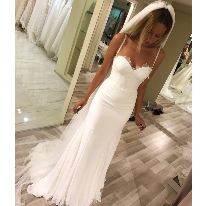 

2020 Mermaid Wedding Gowns Spaghetti Straps Elegant Lace Appliques Ivory Bridal Dresses Wedding Dresses