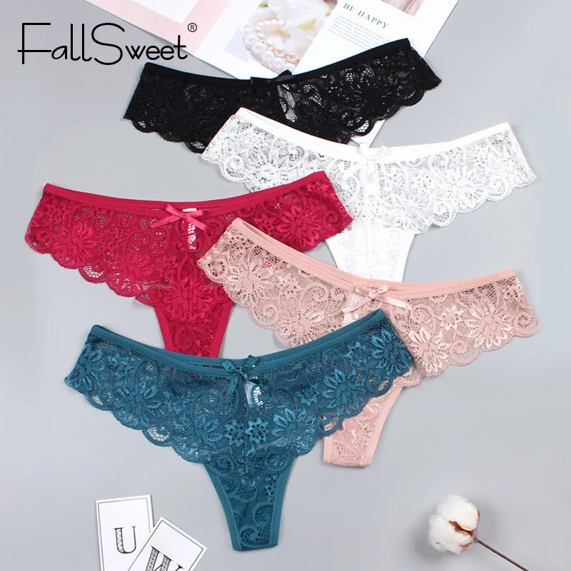 FallSweet 5pcs/Pack! Women Undewear Transparent Lace G String Ultra Thin Knickers Briefs Bow Tangas Bragas