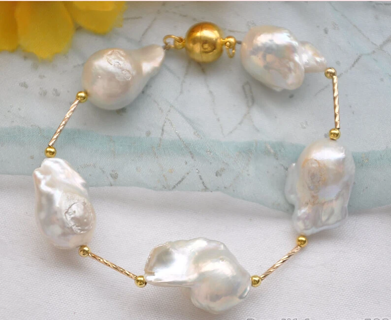 

hot sale FREE SHIPPING aa*z5611 NATURAL 8" 17mm white BAROQUE KESHI REBORN PEARL gild 5star bracelet