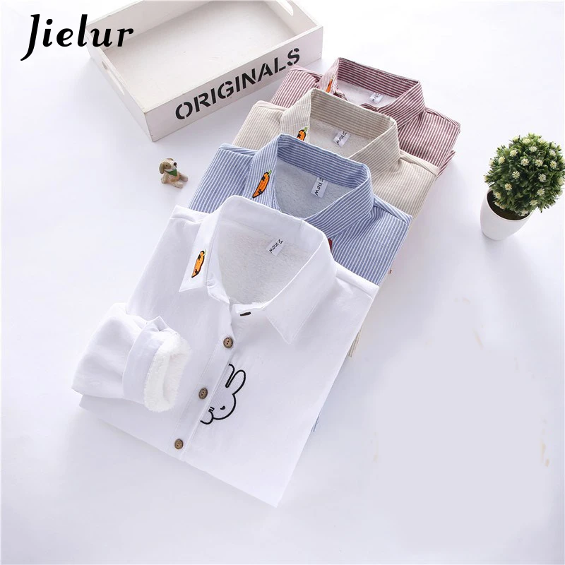 Jielur Shirt Women Korean Autumn Shirts Cute Rabbit Printed Female Long Sleeve Blouse Ladies Tops Blouses Blusas Mujer Thick