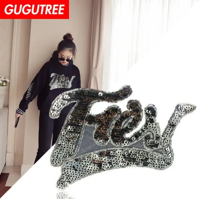 

GUGUTREE embroidery Sequins big tier patches letter patches badges applique patches for clothing XC-285