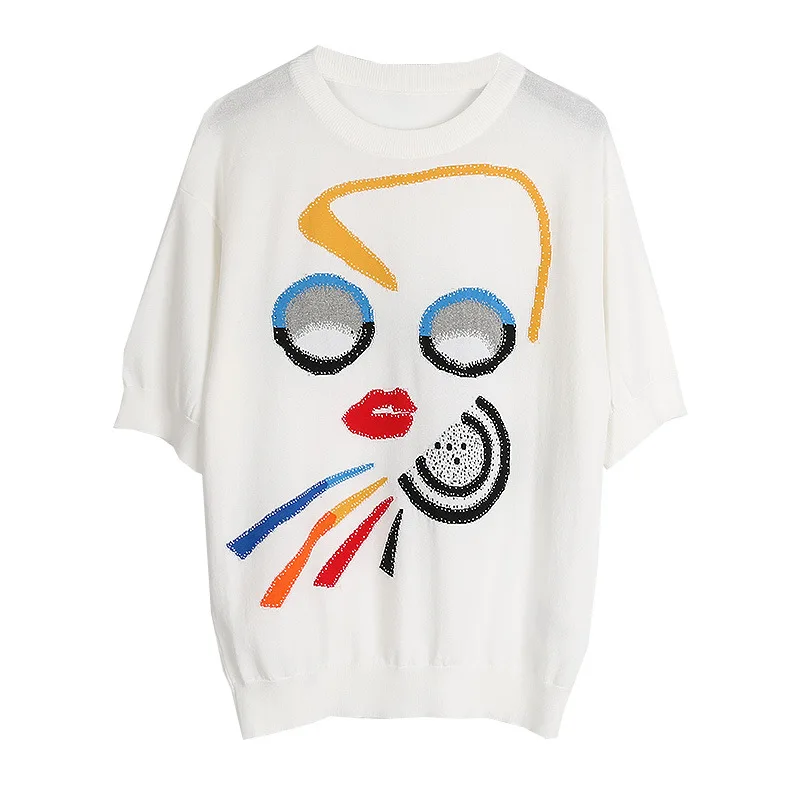 Womens Sweater Tops Fashion Cartoon Expression Embroidered Spring Summer Autumn Female Rainbow Ice Silk Knitted Pullovers Shirts | Женская