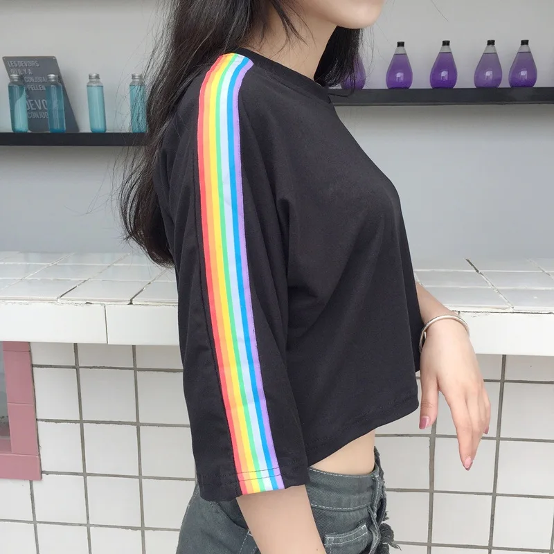 

Fashion Women T-shirts cute Rainbow Striped Side Tee Top Women O-neck Harajuku Contrast Panel Crop Top Vintage