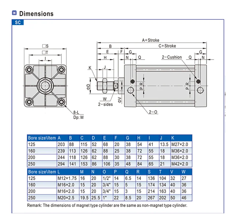 SC160* 250 Стандартный пневматический цилиндр Алюминиевый диаметр 160 мм ход 250 мм SC160x250 цилиндр, дополнительно магнит