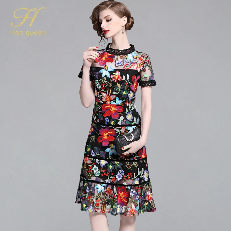 

H han queen New 2019 Embroidery Mesh Long Dress Sexy Work Casual Summer Clothes Women Vestidos Elegant Slim Ruffles Party Dress