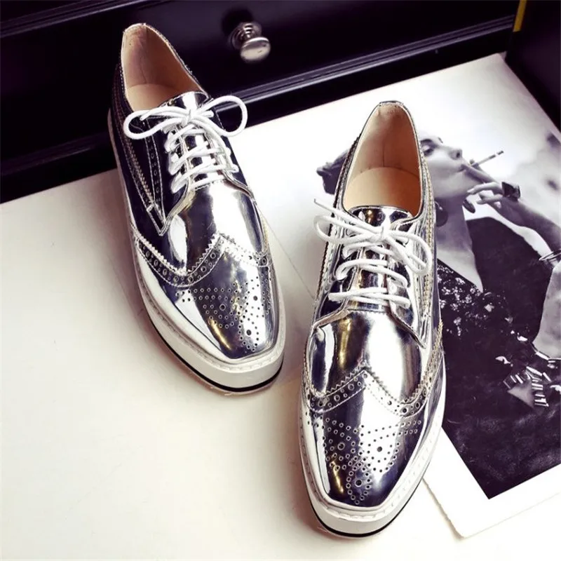 Plus Size 32-48 Women Pumps Oxfords Fashion Patent Leather Wedges Women Shoes Black Silver Lace Up Ladies Brogue Shoes High Heel (8)
