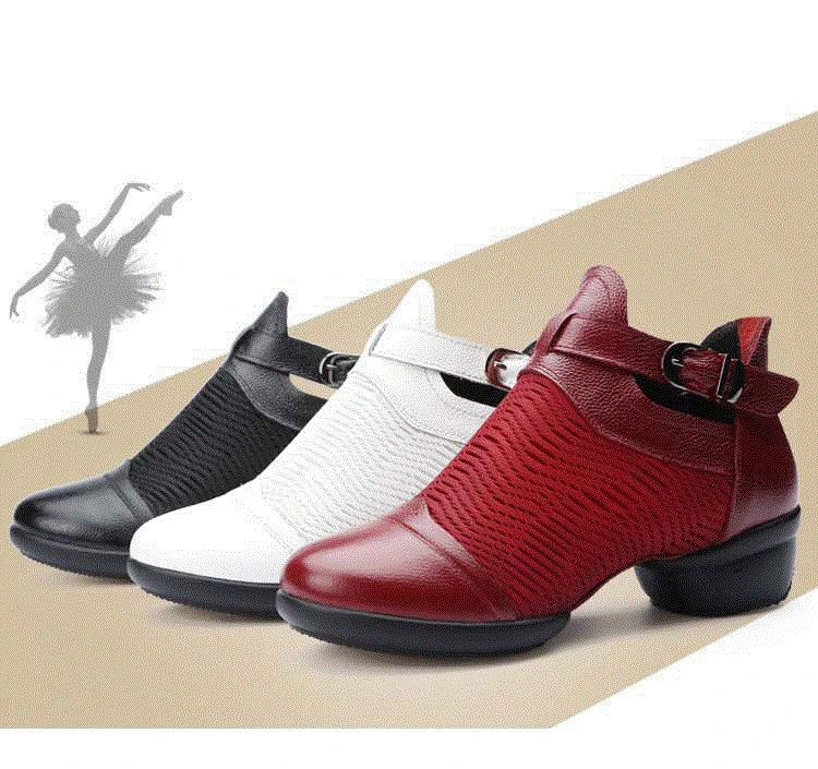 

Women's genuine leather and breathable mesh yarn square dance shoes soft bottom sailors dance boots white/black/wine red 34-41