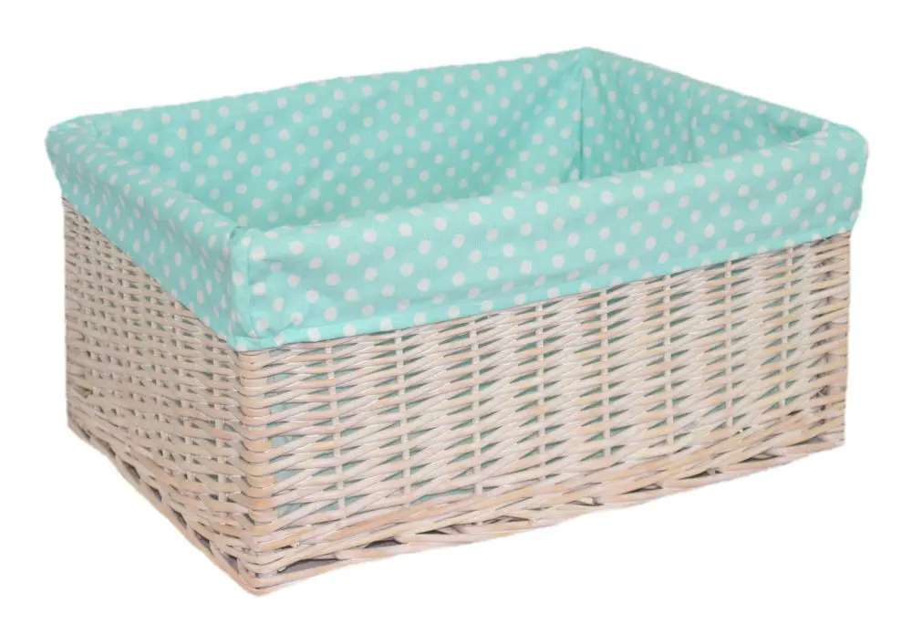 White Wash Wicker Lined Storage Basket Rectangular Willow Smallin