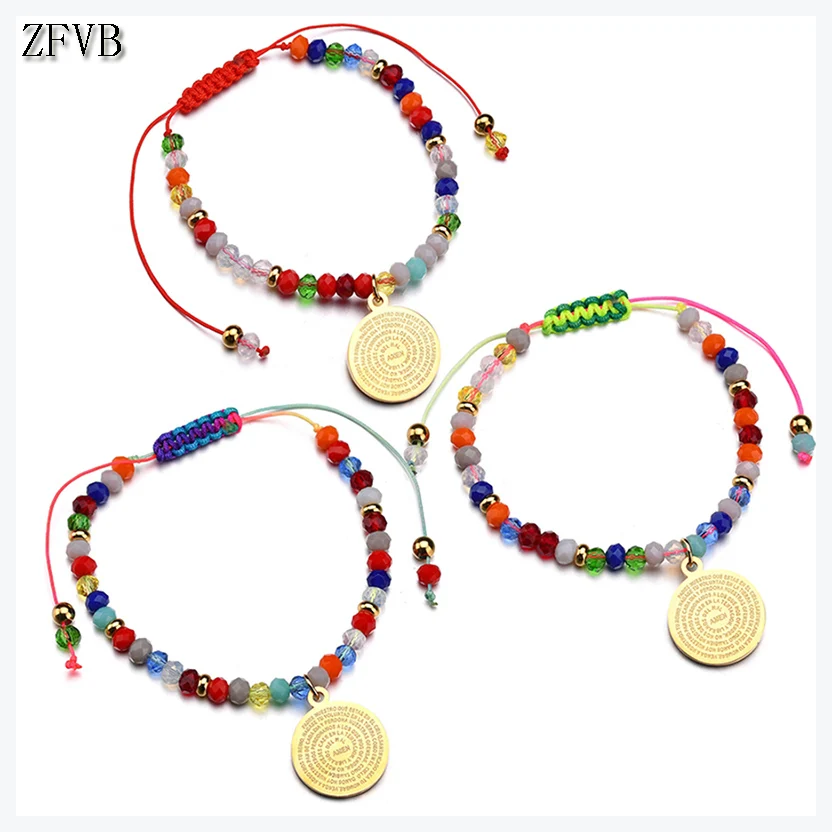 

ZFVB Trendy ANEN Pendant Weave Bracelets for Women Stainless steel Beads Handmade Adjustable Rope Bracelet Jewelry