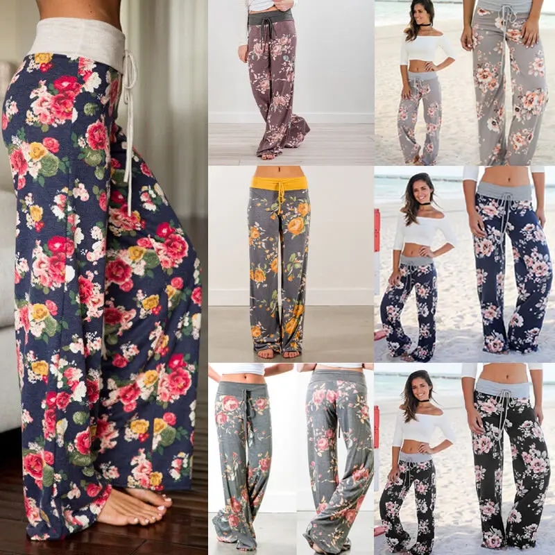 

7 Colors Women Casual Beautiful Floral Pants Summer Wide Leg Mid Waist Loose Pants Size S-XL