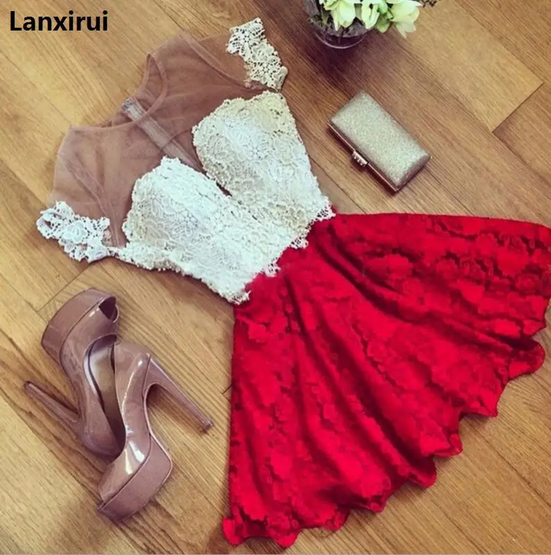 

Woman 2018 Sexy Cute Lace Patchwork Red Summer Dress O -Neck Empire Lace Short Sleeve Backless Mini Vintage Dresses