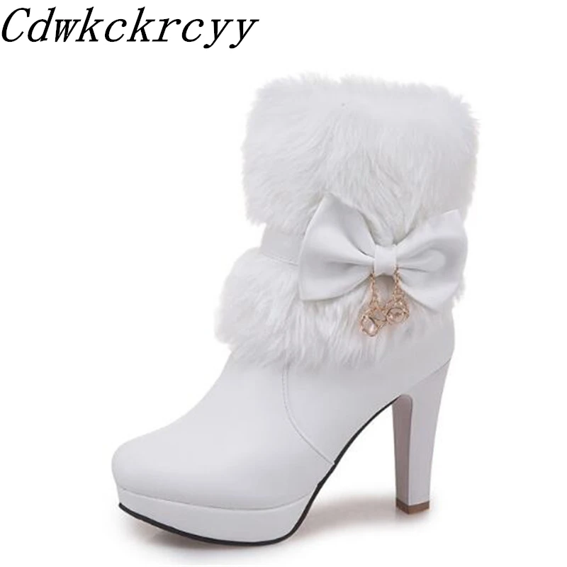 

Women Boots Autumn and winter New style Sweet princess High-heeled Short boots Cashmere Keep warm Bow Women Boots size 34-43