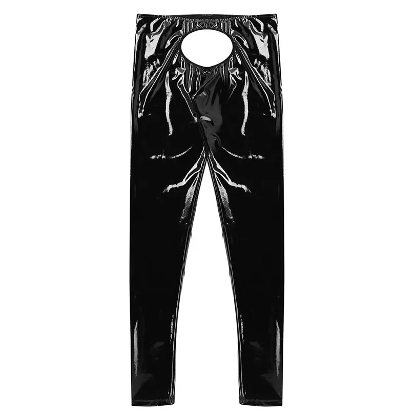 Black Mens Lingerie Wetlook Shiny Patent Leather Legging Pants Slim Fit Open Back and Open Pouch Tight Pants Leggings Trousers