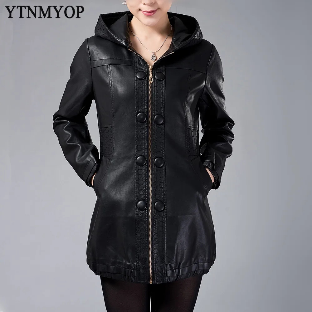 Women Long Leather Jacket 2017 Autumn And Autumn Black