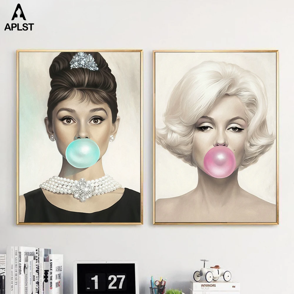 Audrey Hepburn and Marilyn Monroe Chewing Gum Canvas Print TWO-PIECE SET BnW 