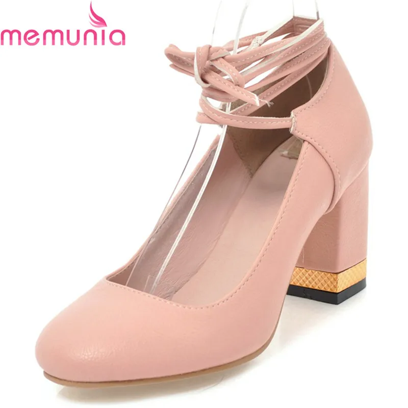 

MEMUNIA new hot sale 2018 cross-tied elegant wedding shoes thick high heels square toe solid women pumps big size
