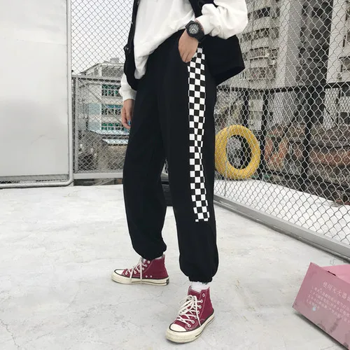 Black pants Брюки Харадзюку женские шахматные Лоскутные Свободные повседневные брюки унисекс брюки с высокой талией - Цвет: Black pants