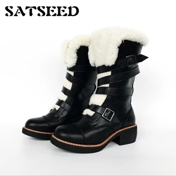 

European Winter Boots Star Wool Snow Belt Buckle Genuine Leather Women Shoes Martin Boots Middle Square Heel Boots Mid-calf New