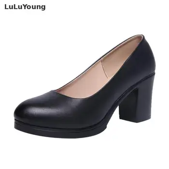 

Work Shoes Black Interview Work Dress Round Head Thick Heel Large Size 32-43 Women's Pumps