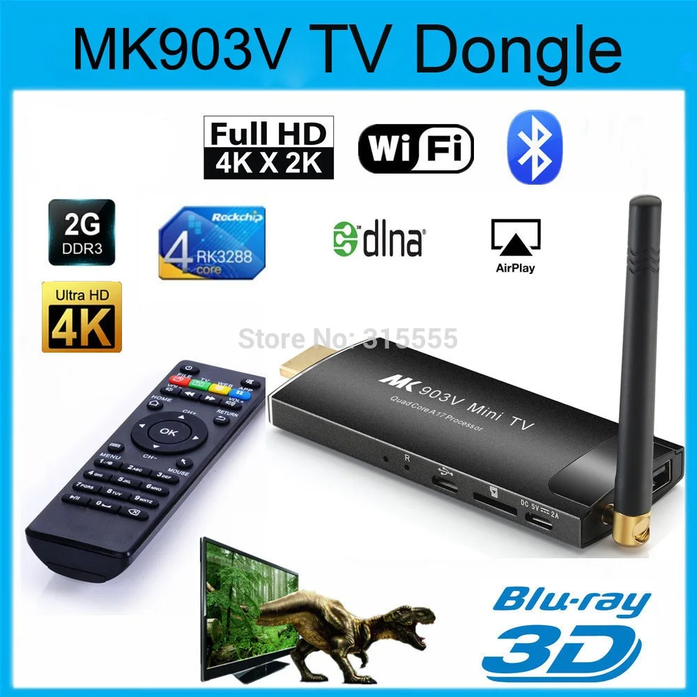 

MK903V RK3288 Android 4.4 TV Stick Quad Core 1.8GHz 2G/8G XBMC HDMI 4K*2K H.265 2.4GHz/5GHz Dual WiFi OTG USB Smart TV Player