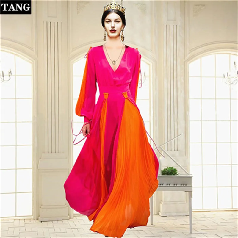 2019 New Luxury Women pleated Long sleeves printed chiffon maxi dress (1)