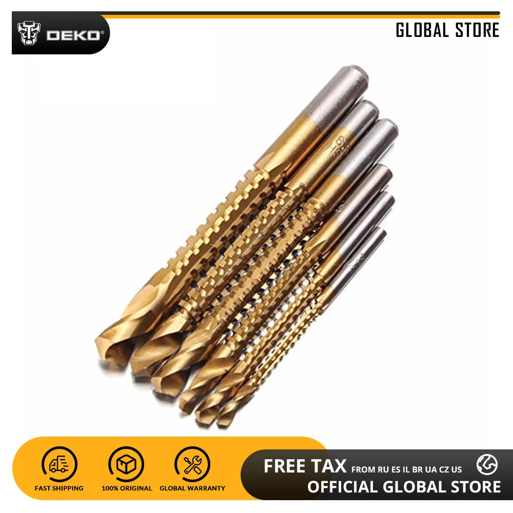  DEKO GJ36 6pcs Power Drill/Saw Bit Set HSS Steel Titanium Coated Twist Drill Bit for Wood Drilling 