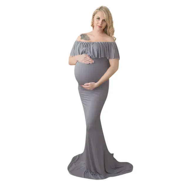 Summer Women Pregnant Off Shoulder Props Nursing Solid Pregnant Long Dress Woman One-Neck Collar Ruffled Photography Tail Dress