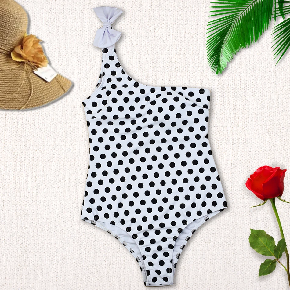 

One Piece Swimsuit One Shoulder Swimwear Women White Dot Sexy Swimming Suit Bather Summer Beachwear Maillot De Bain