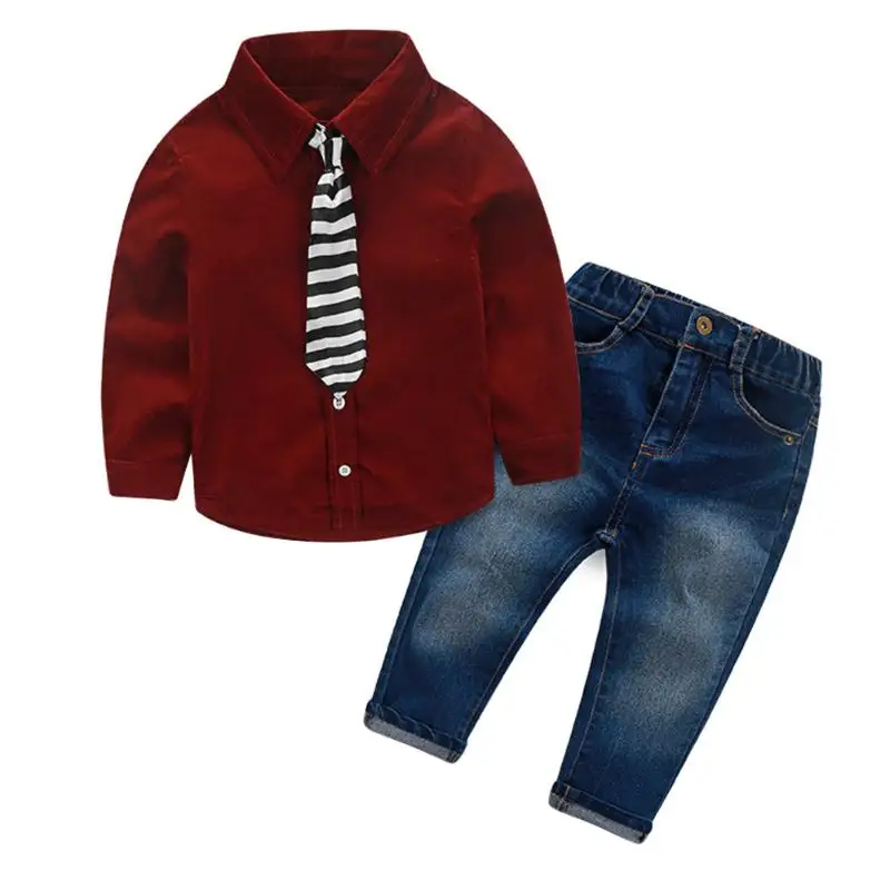 

2pcs Children Clothing Set Baby Boys Long Sleeve Plaid Tie Shirt+Trousers Jeans Autumn Gentleman Child Clothes Suits