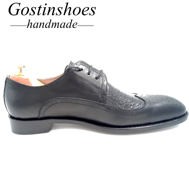 Goodyear Handmade Men Dress Shoes Black Cow Leather Ostrich Skin Shoes Men Formal Business Shoes Lace-up Pointed Toe GSTN011 Goodyear Handmade Men Dress Shoes Black Cow Leather Ostrich Skin Shoes Men Formal Business Shoes Lace-up Pointed Toe GSTN011