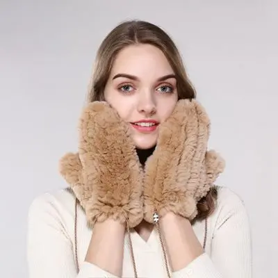 camel Новые женские модные толстые теплые меховые перчатки из натурального меха кролика рекс вязаные варежки Роскошный аксессуар - Цвет: camel