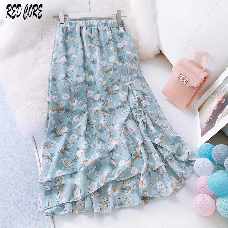 

REDCORE Chiffon Floral Print Ladies Skirts Womens Summer 2019 Ruffle Irregular Skirt Women Elastic High Waist Long Skirt BSQ070