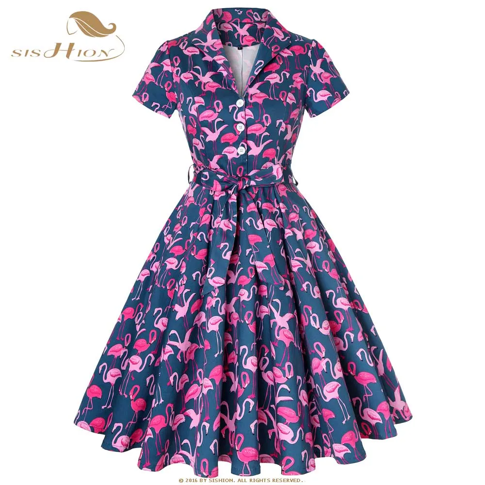 SISHION дизайнерское осеннее платье размера плюс, с коротким рукавом, из хлопка, с фламинго, цветочное, голубое-зеленое, 4XL, большие качели, винтажные платья SD0002