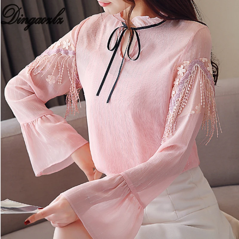 Dingaozlz Elegant Women Chiffon Top Casual Flare sleeve tassels Lace