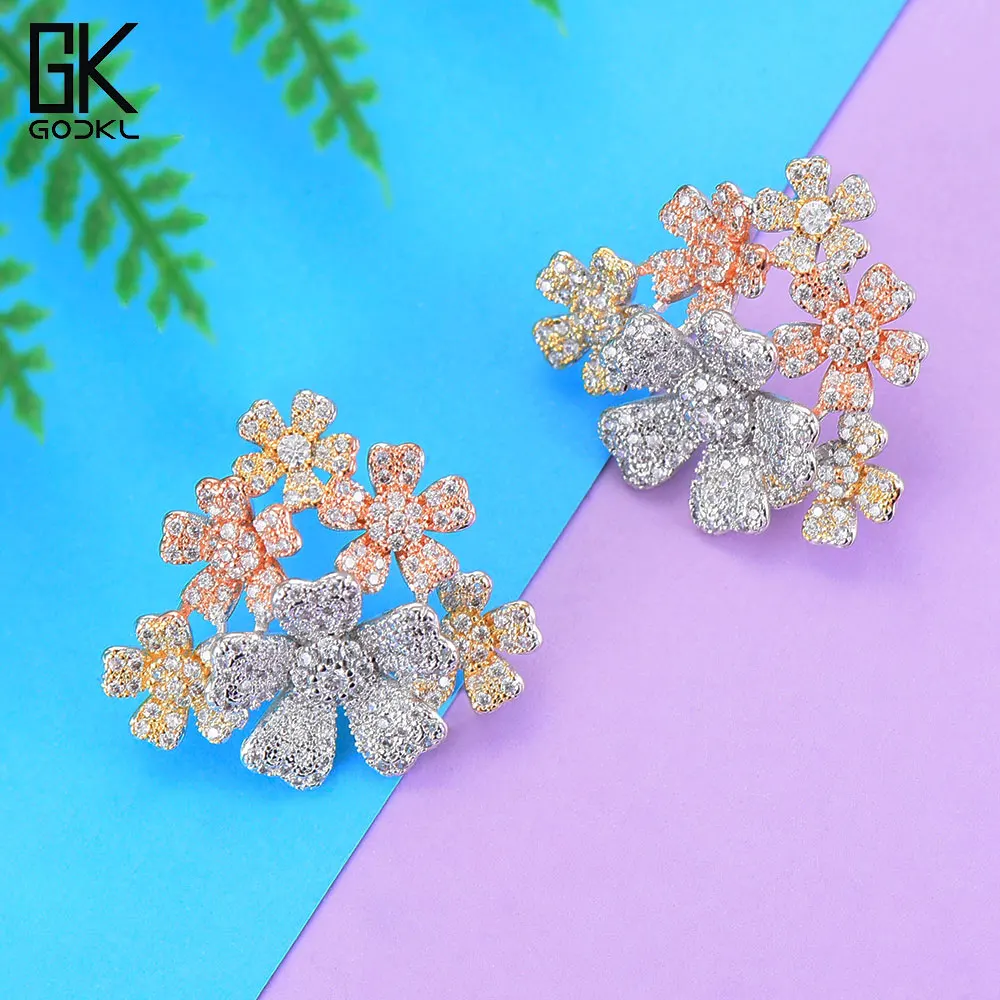 Женские серьги гвоздики GODKI модные цветочные с кубическим цирконием AAA