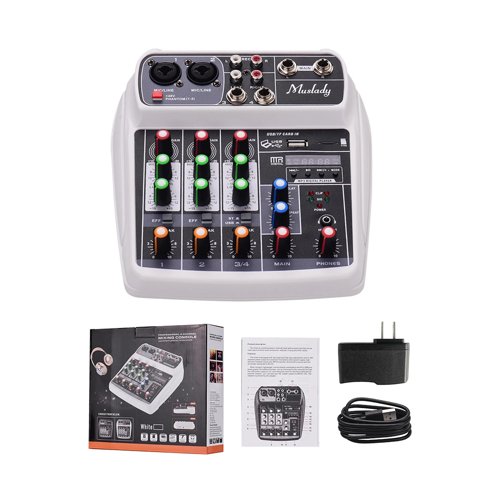 Muslady AI-4 компактная звуковая карта микшерный пульт Цифровой аудио смеситель 4-канальный+ 48V Phantom Мощность для музыки DJ Live караоке - Color: White US Plug