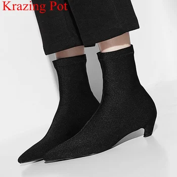 

2018 fashion med heels strech fabric mid-calf boots elegant concise runway pointed toe concise party sock boots autumn shoes L61