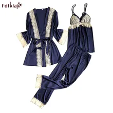 Fdfklak сезон: весна–лето пижамы Для женщин шелковая, сатиновая Пижама для Для женщин кружевная Пижама комплект 3 предмета халаты комплекты Пижамный костюм