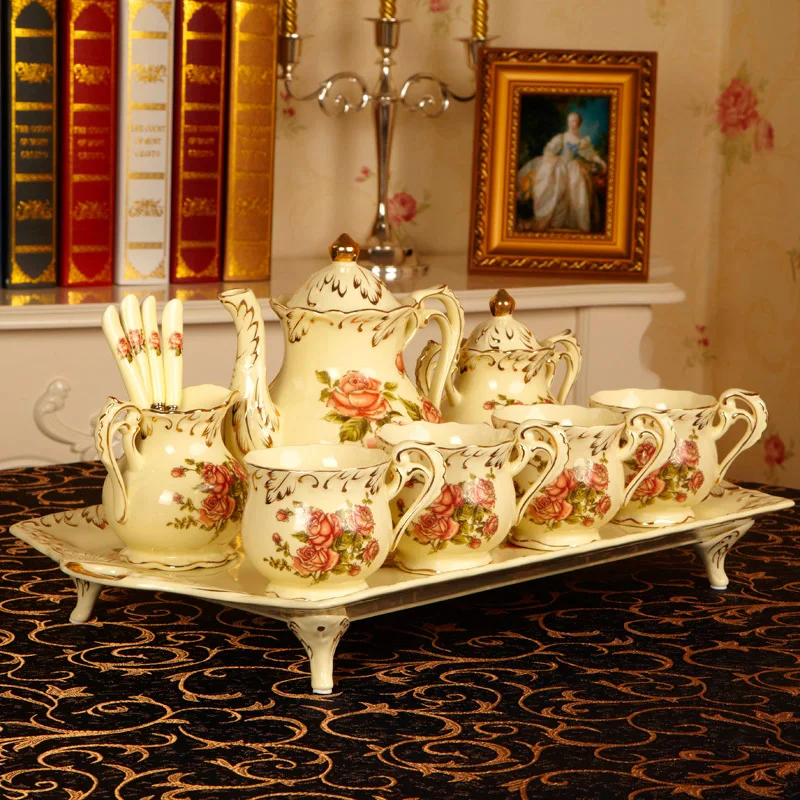 European Luxury Tea and Coffee Set of Mugs Hand Painted Red&Gold Rose