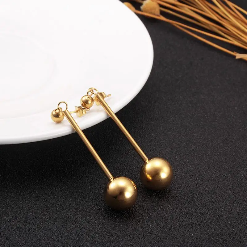 Stainless Steel Round Ball Earrings Beads Geometric Long Drop Dangle