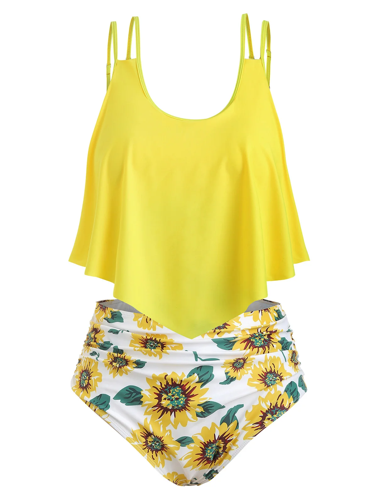 

ROSEGAL Sunflower Contrast Overlay Plus Size Women Set Spaghetti Straps Top Floral Print Swim Sets Holiday Beach Wirefree Sets