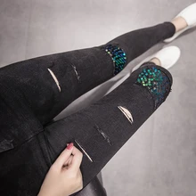 2017 Trousers for women Pants high waist pencil pants women Jeans female freddy pants girl leggings pantalon sequins wash water