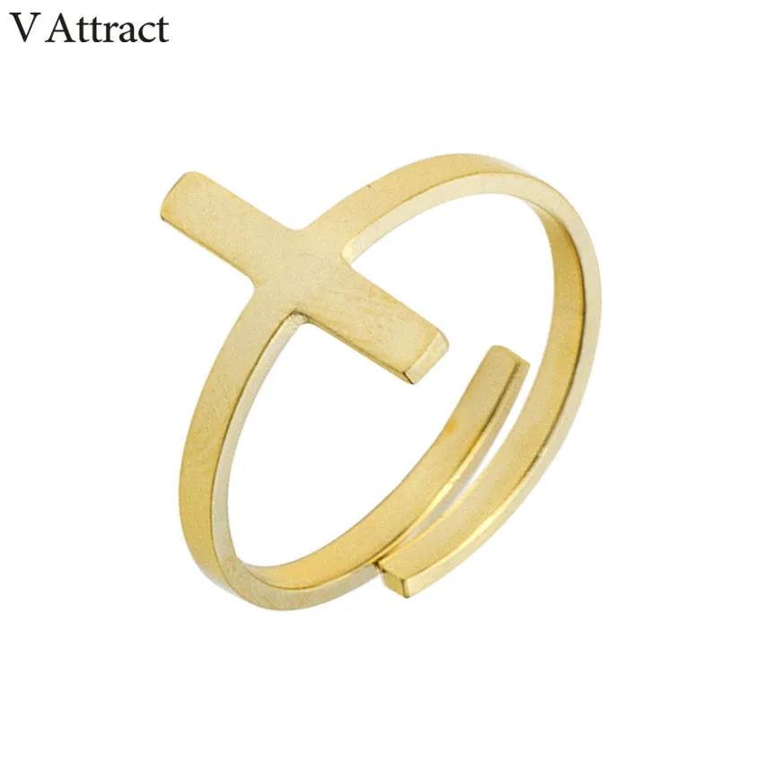 

V Attract Metalwork Pink Gold Color Cross Rings Stainless Steel Bijoux Bague Homme Adjustable Knuckle Ring Women Men Jewelry
