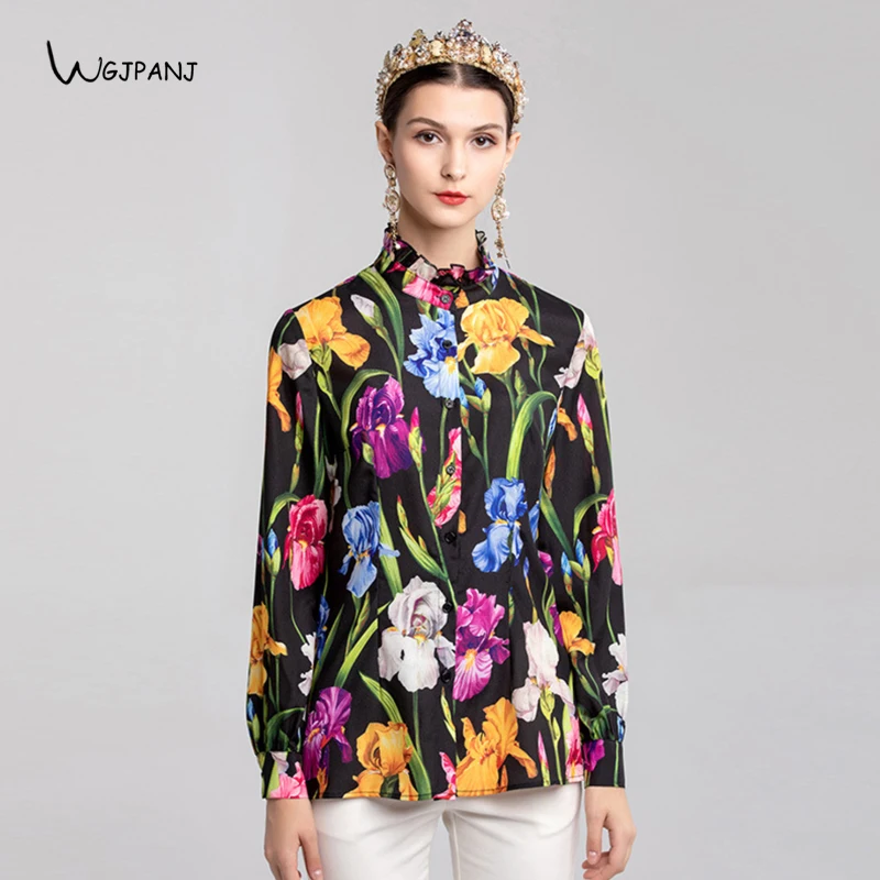 2018 Autumn Women Tops High Quality Black Floral Printed Chiffon Ruffled Collar Vintage Runway Design Shirt |