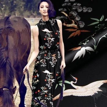 

118CM Wide 19MM 93% Silk & 7% Spandex Floral and Birds Black Stretch Silk Satin Fabric for Summer Dress Clothes Cheongsam D931