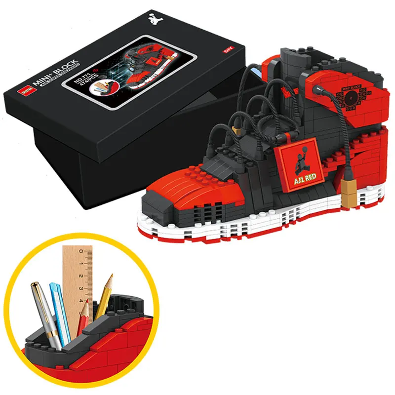 Мини плюс спортивная обувь строительные блоки воздуха Супер Кроссовки модель ручка контейнер спортивная обувь рисунок Кирпичи игрушки для детей мальчиков - Цвет: Black-red